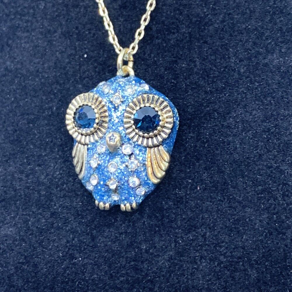 Betsey Johnson Blue Crystal Owl Pendant Necklace Gold Tone